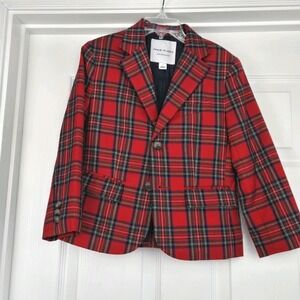 Janie And Jack Tartan Holiday Blazer Wool Boys Size 5 Red Black Plaid Pockets